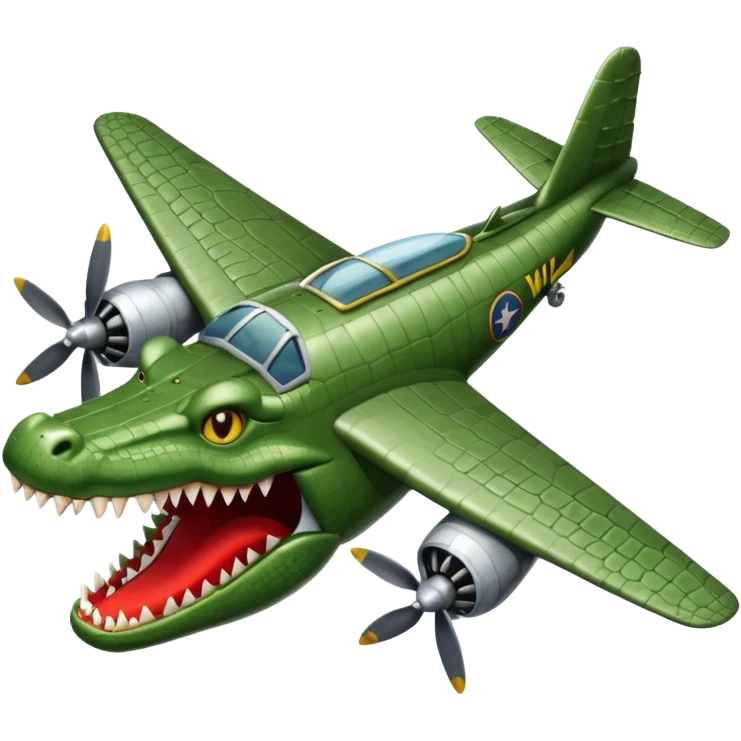 crocodile with its head transformed into the front of a WWII bomber plane mouth agape sharp teeth metallic body wings and propellers emoji style absurd meme-inspired emoji