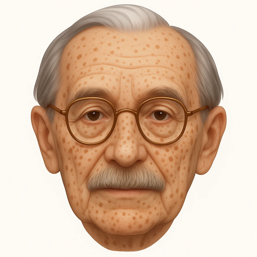 Add more age spots and freckles, and make the face more closely resemble Hans Jonas, German philosopher, while keeping the emoji style. emoji