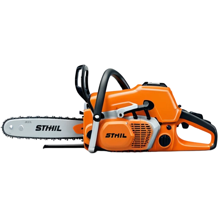 Stihl MS500i chainsaw, side view, showing the Stihl logo clearly, realistic proportions but simplified details, bright orange and silver color scheme, clean design, suitable for emoji style emoji
