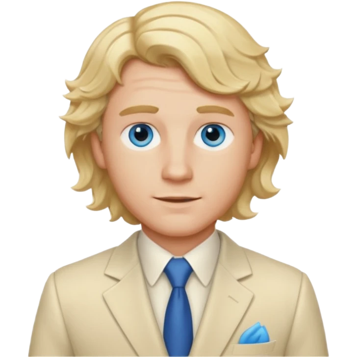 Tom Bryant from Summer of Fear with blonde wavy hair, blue eyes, cream suit emoji