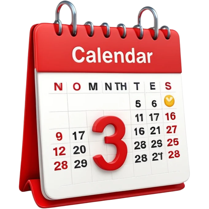 Apple-style 3D emoji icon of a calendar in perspective view, minimalistic design, only one centered date number, no month name, no weekday, no text or symbols other than the single number, realistic glossy material, soft depth, clean and detailed rendering emoji