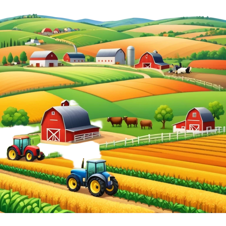 colorful rural landscape, inspired by farming simulators like Farming Simulator 22. The design shows fields, tractors, and barns, with vibrant crops and animals in the background. The peaceful farming scene symbolizes the immersive experience of managing a farm, with a transparent background emoji