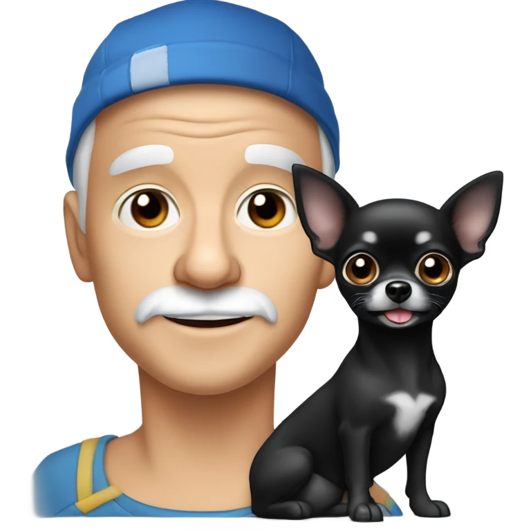 cute black long fur Chihuahua held by old blue eyes man with goatee and ball cap emoji