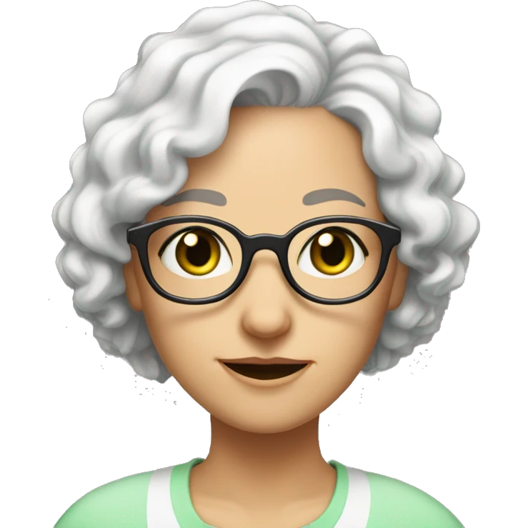 female, short curly white hair, old, wrinkles, glasses, big round visible ears, marked scar cheek, green eyes,  emoji