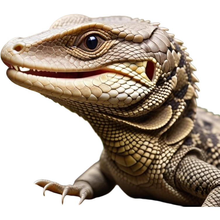 Cinematic Cute Yawning brown camo spotted monitor Lizard Portrait Emoji, Head tilted slightly with a dramatic, wide-open yawn, showcasing textured, patterned scales and sleepy, half-closed eyes exuding relaxed charm, Simplified yet irresistibly adorable features, highly detailed, glowing with a soft, cozy glow, high shine, relaxed yet expressive, stylized with a dash of whimsical wildness, soft glowing outline, capturing the essence of a drowsy yet affectionate reptile that appears ready to stretch out for a nap! emoji