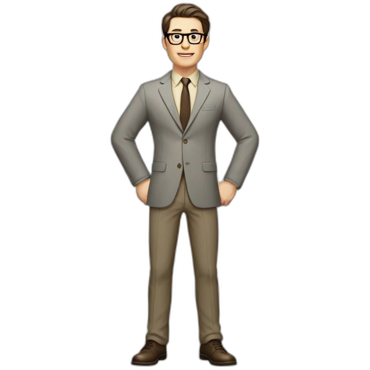 Full height Actively Gesturing Pale skinned fit man with dark brown hair in gray jacket, beige office shirt, brown tie, brown pants and vintage glasses. emoji