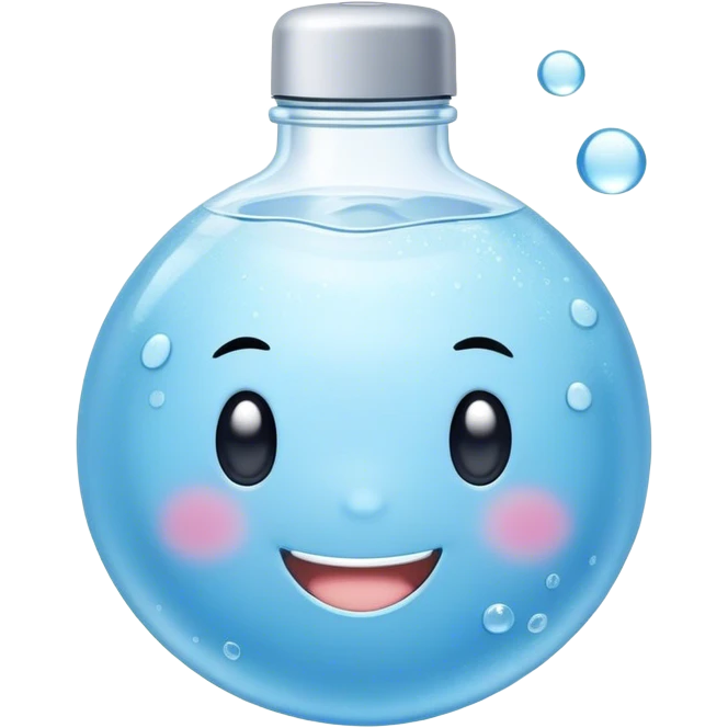 Cute Kawaii Water Bottle, round and bubbly, soft blue with tiny water droplets around, a happy smiling face, gentle glowing highlights, fresh and refreshing vibes! emoji