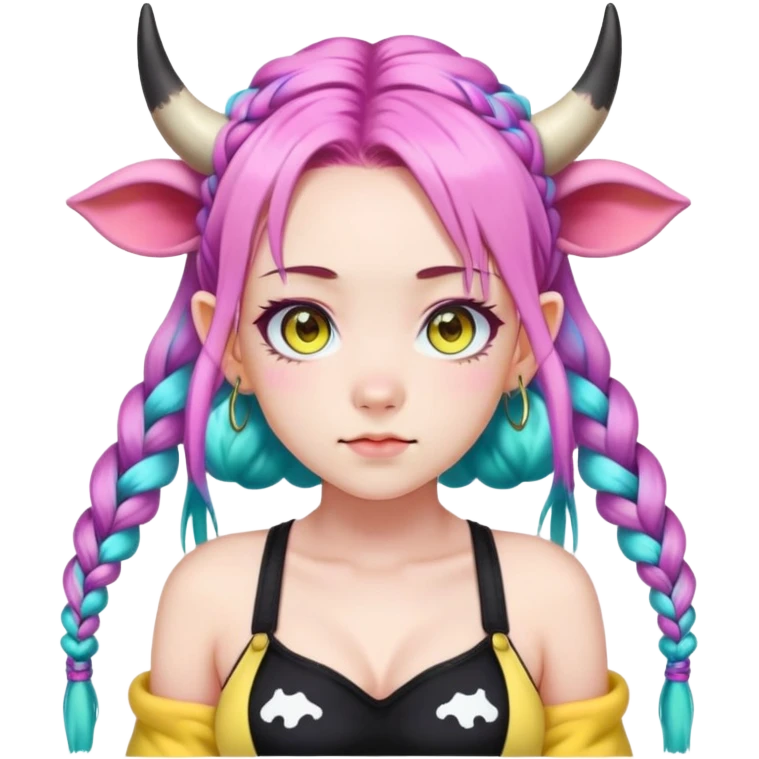 En anime-ku-jente med to rosa lange tykke fletter og cyan striper i håret, ku-horn og ku-ører, sort BH-topp over en gul cropped-fleece-blouse, lilla øyne, emoji