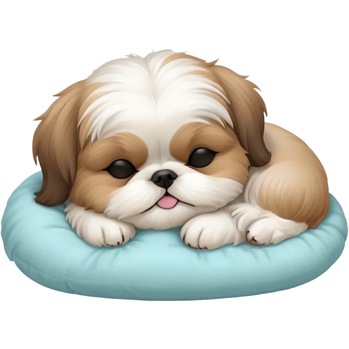 Meme-Worthy Cute Sleeping Shih Tzu Portrait Emoji, Head resting peacefully with a tender, contented smile and eyes delicately closed in serene slumber, showcasing a luxuriously fluffy fur in soft pastel tones, simplified yet irresistibly adorable, highly detailed, glowing with a warm, drowsy radiance, high shine, exuding calm, cozy charm, styled with a gentle, soft glowing outline, capturing the essence of a sleeping Shih Tzu that radiates utterly adorable, sleepy bliss! emoji