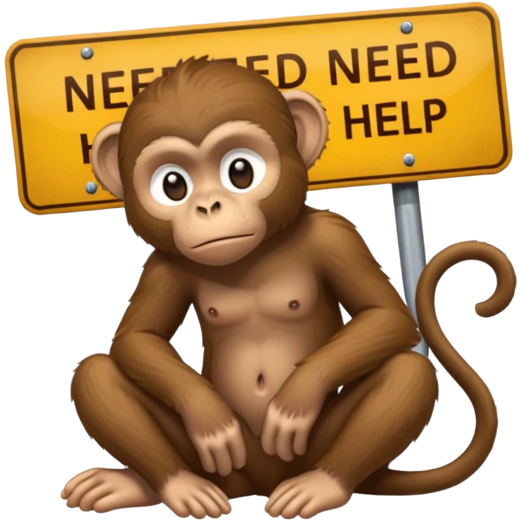 Sad Monkey sitting beside a 'neeed ħelp 🥺' sign, emoji