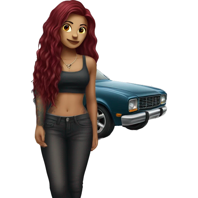 Beautiful tattooed burgundy long haired woman standing next to a car emoji