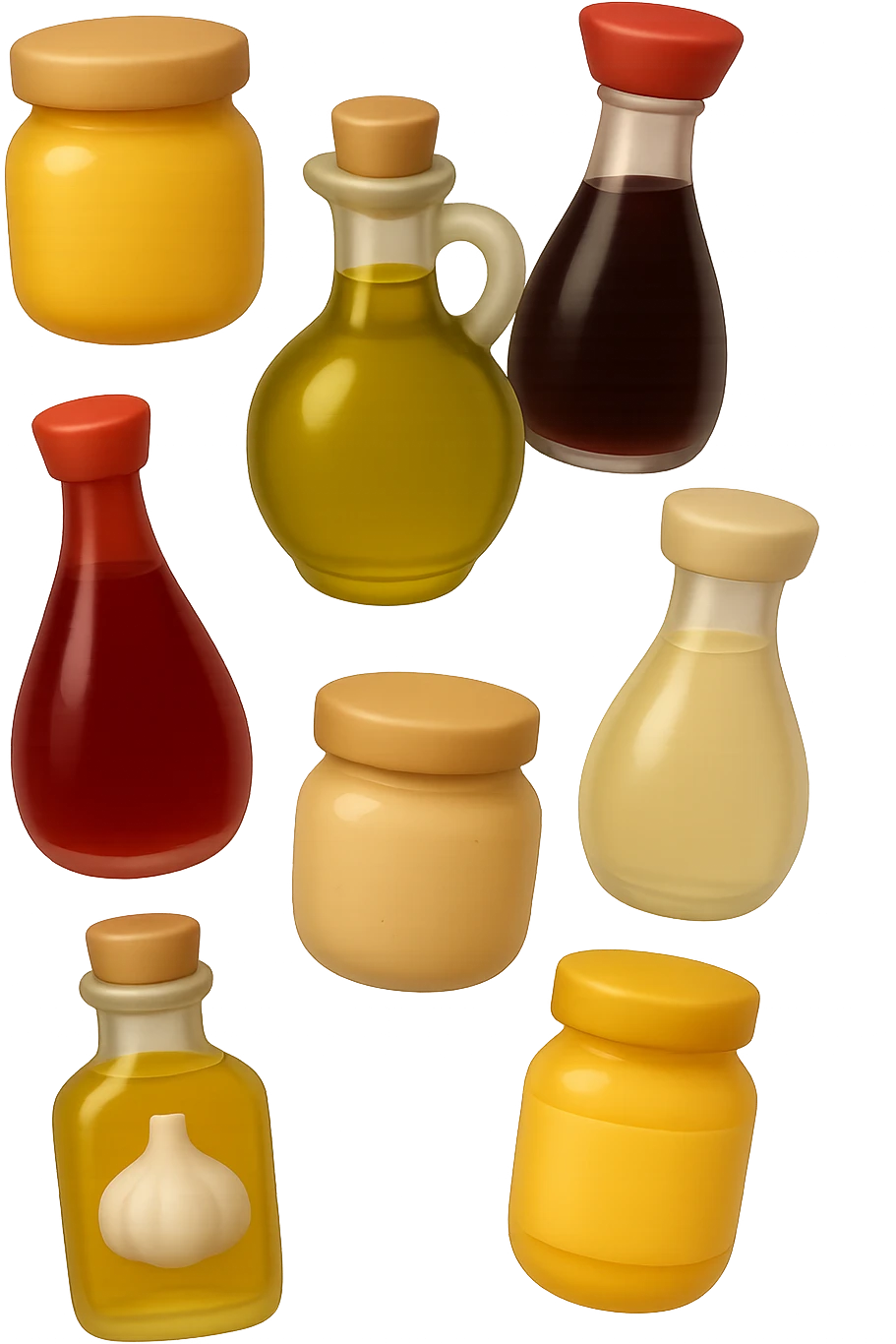 emoji stile iphone 3d di questi elementi che fluttuano in aria:

Olio extravergine d’oliva, burro chiarificato
Olio all’aglio (senza pezzetti)
Aceto di vino, aceto di riso, senape, tahin
Salsa di soia fermentata (senza aglio/cipolla)


 che fluttuano sparse casualmente in aria, iperealistico 4k emoji