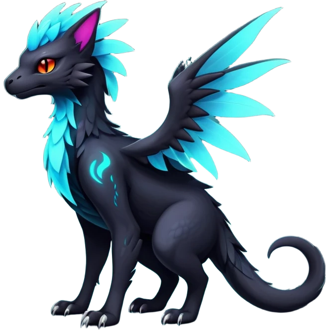 Black Dark Exotic Beaked Feathery Nocturnal Neon-glowing Abyssal Nightly Abyss-Cat-Gryphon-Salandit-Silvally-Fakémon Creature (full body) emoji