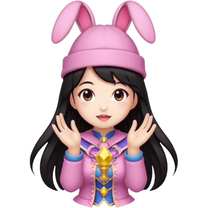 pixel art chibi asian girl with dark long hair in pink bunny ears hat magical girl with kawaii tarot cards thrown in air pixel emoji emoji