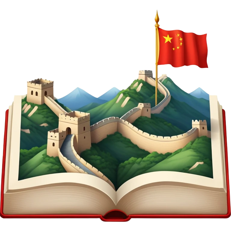 An icon featuring the Great Wall of China and the big flag of China, symbolizing the Chinese language. The design includes an open book with Chinese characters, representing language learning. Transparent background highlights the depth of Chinese heritage. emoji