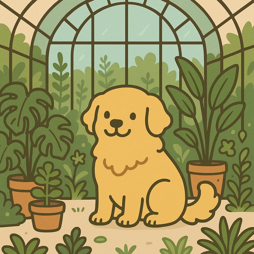 pusheen-style flat toon golden retriever in a botanical garden greenhouse emoji