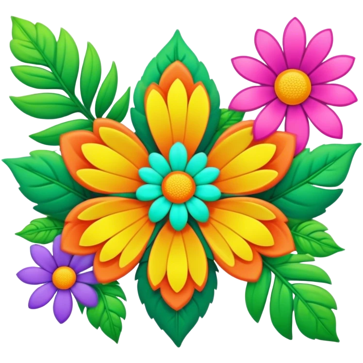 3D, psychedelic colored hippie style flower border with leaves emoji