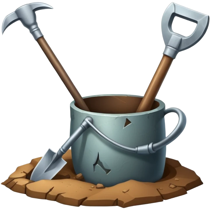 An icon featuring a shovel, pickaxe, and an ancient artifact like a broken pot, symbolizing the essentials of archaeology. The design focuses on the tools of excavation and discovery, recognizable look. Transparent background. emoji