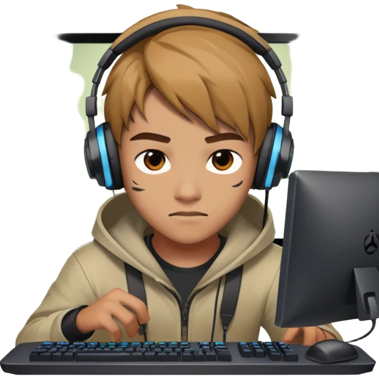 gamer with headphones playing Dota 2, focused on computer screen emoji