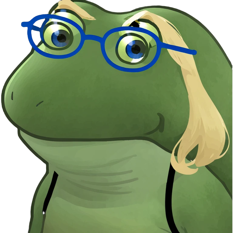 a girl with blue eyes, blond hair, and glasses, bufo frog meme style emoji
