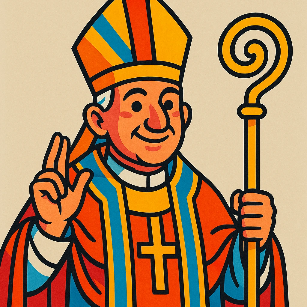 pope, classic religious attire, mitre hat, neutral background, vibrant toon style emoji