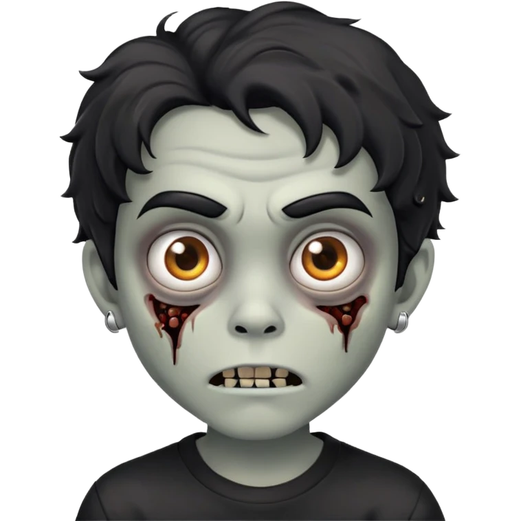 Menino de cabelos preto ondulado muleke médio brinco de argola prata redondos e pequenos em forma de zumbi com olhos castanhos usando camisa preta de pele clara emoji