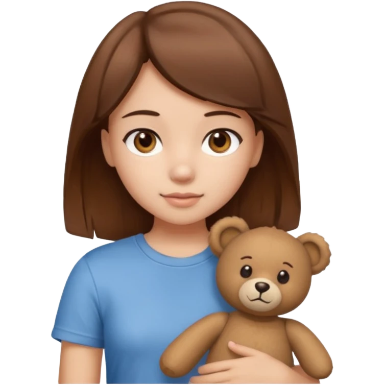 A Girl with Brown hair and Brown eyes with a t-shirt of a Teddy bear emoji