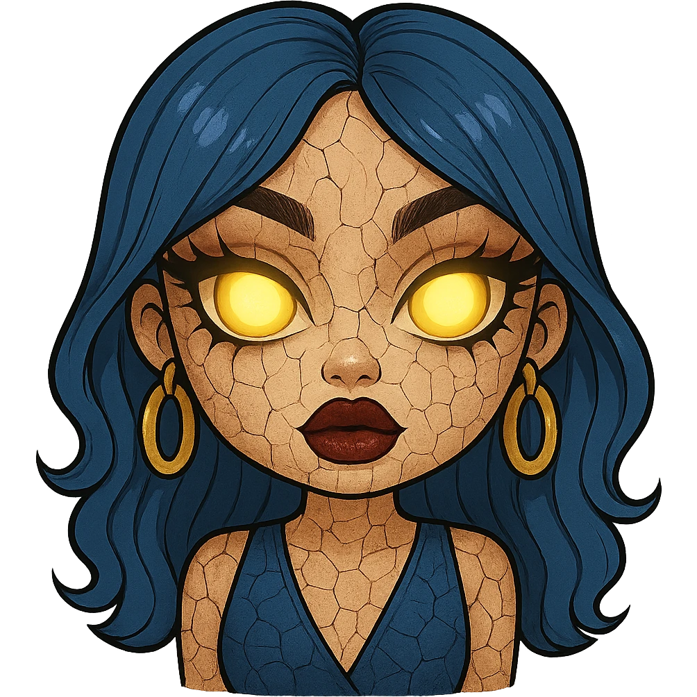 Add cracked porcelain effect to the emoji, keep glowing eyes, creepy gyaru style, blue hair, pretty makeup, bratz baddie vibe, emoji style, with no background. emoji