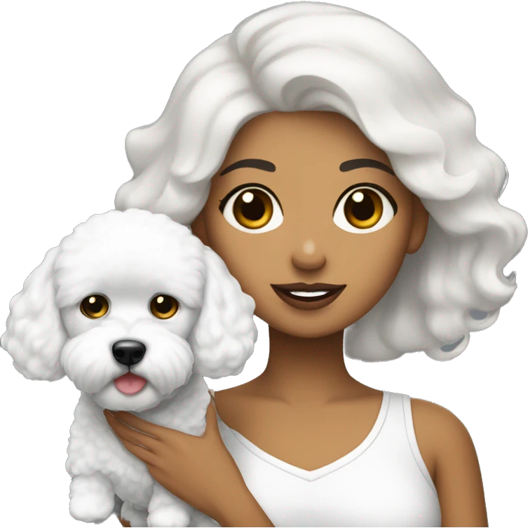 mujer piel blanca cabello negro con perro bichon blanco emoji