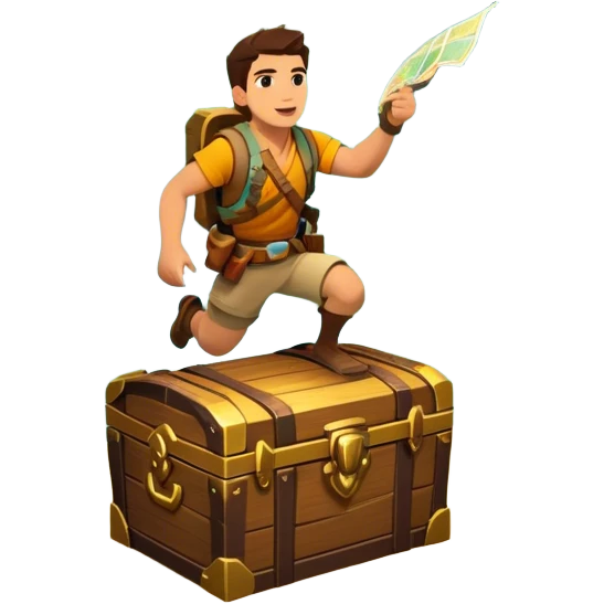 Icon for Adventure Movie: A vibrant, cinematic poster-style design featuring an action-packed scene. Include an adventurer with a map, a treasure chest, a jungle background, a towering mountain, and ancient ruins. Bright colors, bold typography, and an exciting atmosphere. Transparent background. emoji