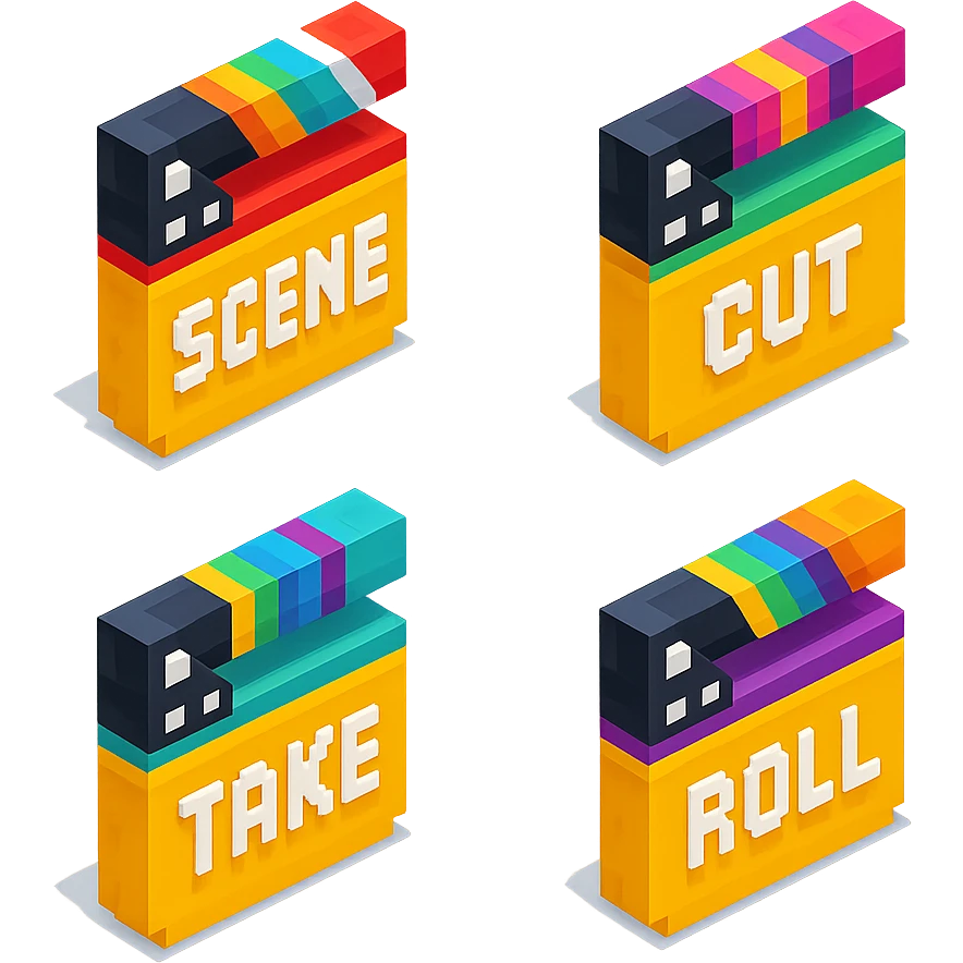 isometric view collection of movie clapperboards in voxel style, each with different colorful lids and unique text emoji