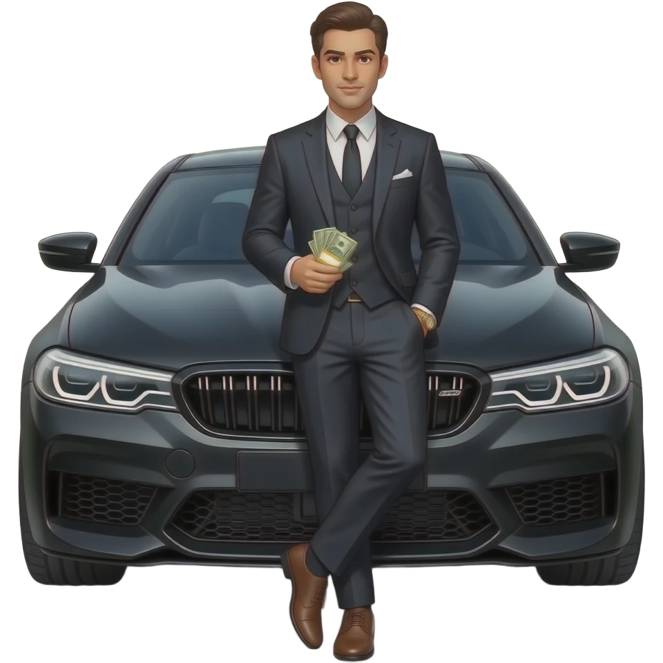 Bogat decko. Naslonjen na novi bmw m5. proji novac emoji