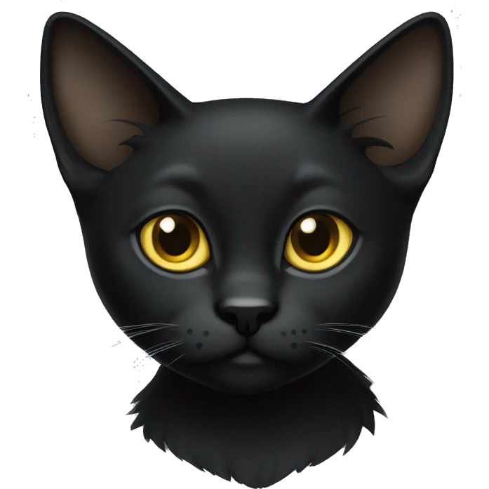One petite, solid sleek black furred cat. Light yellow eyes. Pointed ear tufts like a lynx cat. Fully body black and no other color markings. Facing forward and standing with ears slightly tilted. emoji