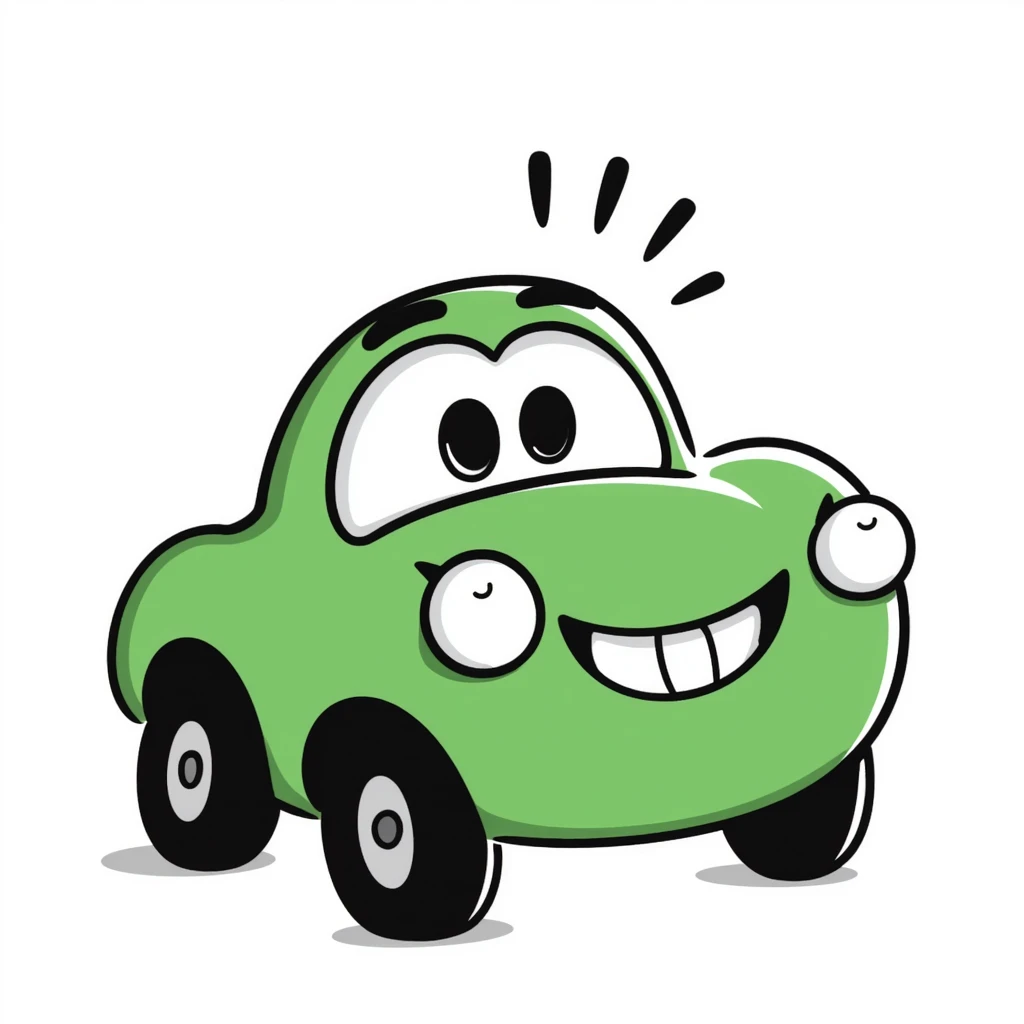A hand-drawn green toy car with a silly grinning face and googly eyes emoji
