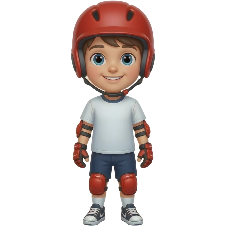 Child standing upright, wearing red elbow pads and knee pads, red helmet, ready-to-play expression, front-facing pose. emoji