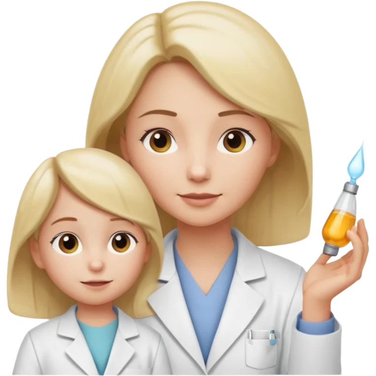 Mostre uma mulher vestida de jaleco branco, atendendo uma criança, expressão leve e detalhamento suave típico de emojis modernos. A cena deve ter um visual limpo, com sombras sutis e contornos suaves, mantendo o estilo cartoon 3D usado em emojis do iOS. Mantendo coerência com o estilo emoji.” emoji