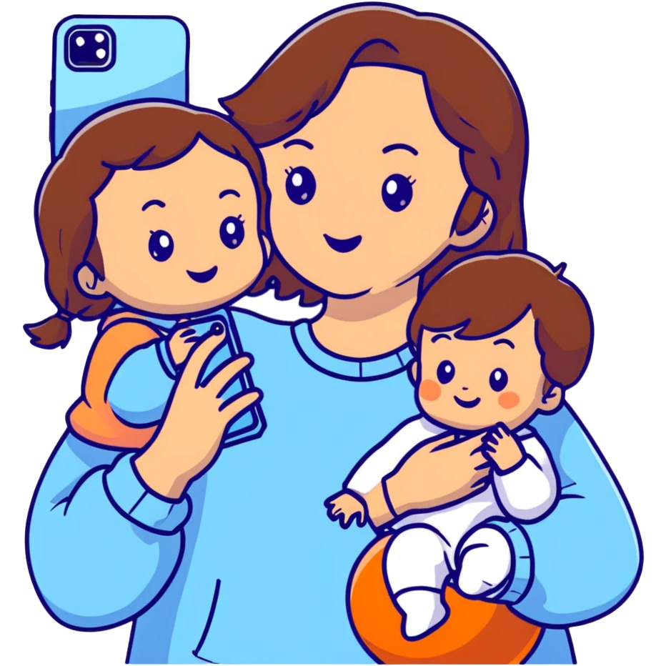 brunette girl with brown hair wearing pastel blue clothes holding a baby and taking a selfie emoji
