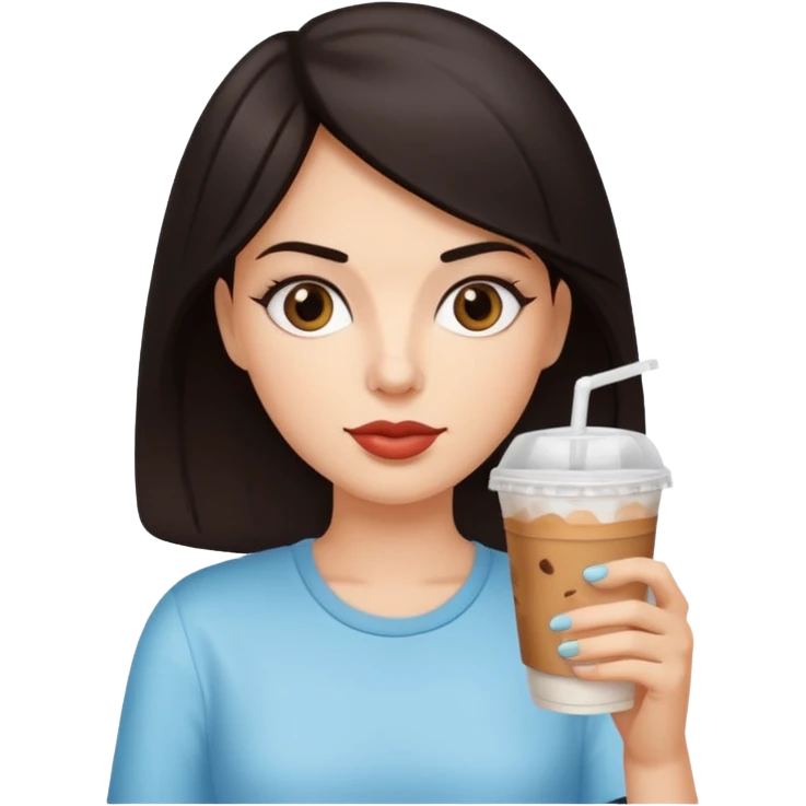 컴퓨터하면서 아이스 아메리카노(테이크아웃 잔에 담긴)를 많이 마시고 있는 다크서클 검은머리 여자 emoji