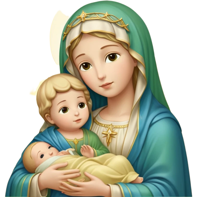 "A highly detailed iOS 18 emoji-style depiction of the Virgin Mary holding baby Jesus. Mary is wearing a green and blue mantle with a soft yellow veil, holding baby Jesus wrapped in a light yellow cloth. Both figures have soft, serene expressions and golden halos around their heads. The background is a glowing golden light with subtle clouds below them. Render in Apple emoji aesthetic — smooth, rounded shapes, bright pastel colors, glossy finish, minimalistic yet expressive, iconic emoji style. Maintain full fidelity to the original pose, colors, and facial features." emoji