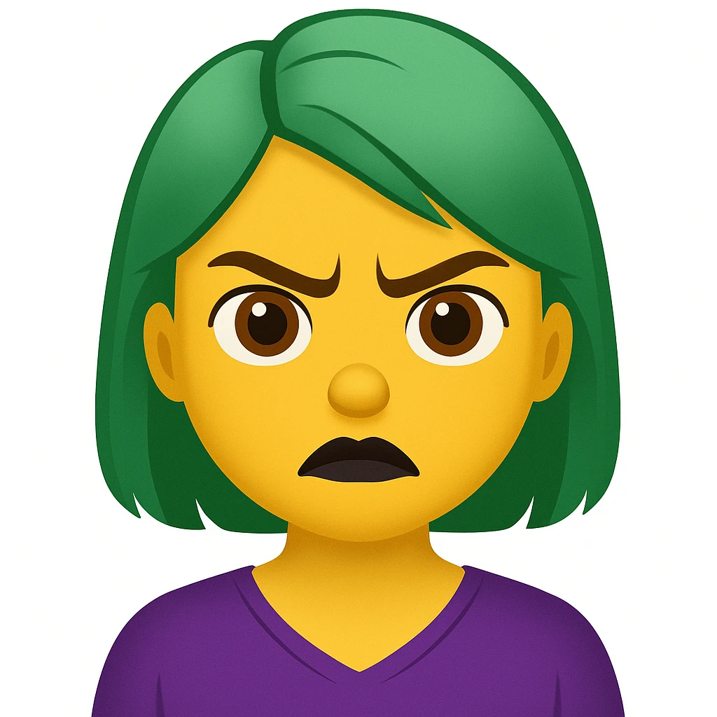 Edit the image of a girl with green hair and angry expression to have brown eyes and black lipstick in an emoji style. emoji