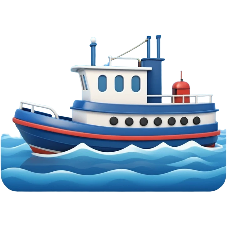 A 3D cartoon tugboat towing another boat on calm blue water, soft waves, clear sky, Memoji-style. emoji