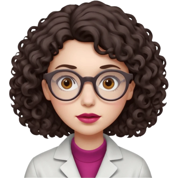 A crazy female scientist, with curly-wavy dark brown medium lenght hair, brown eyes and light grey glasses and pale skin and pinkish lips, dressed to look like an english teacher but in neutral tones like grey black white, maybe with the pop of dark red, she should look slighltly insane emoji