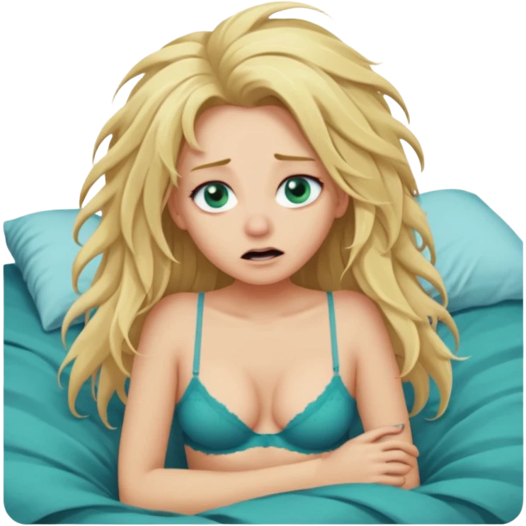 Blonde baddie with very long messi hair blue-green eyes  and lay in a big bed in underwear sie hat Todesangst und guckt schmerzhaft und erschrocken And in her underwear is an eel that hurts her  emoji