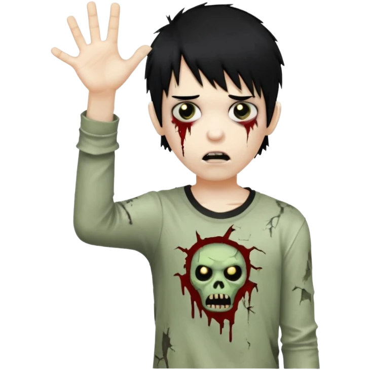 boy zombie with black hair, emo fringe, torn shirt, one arm outstretched emoji