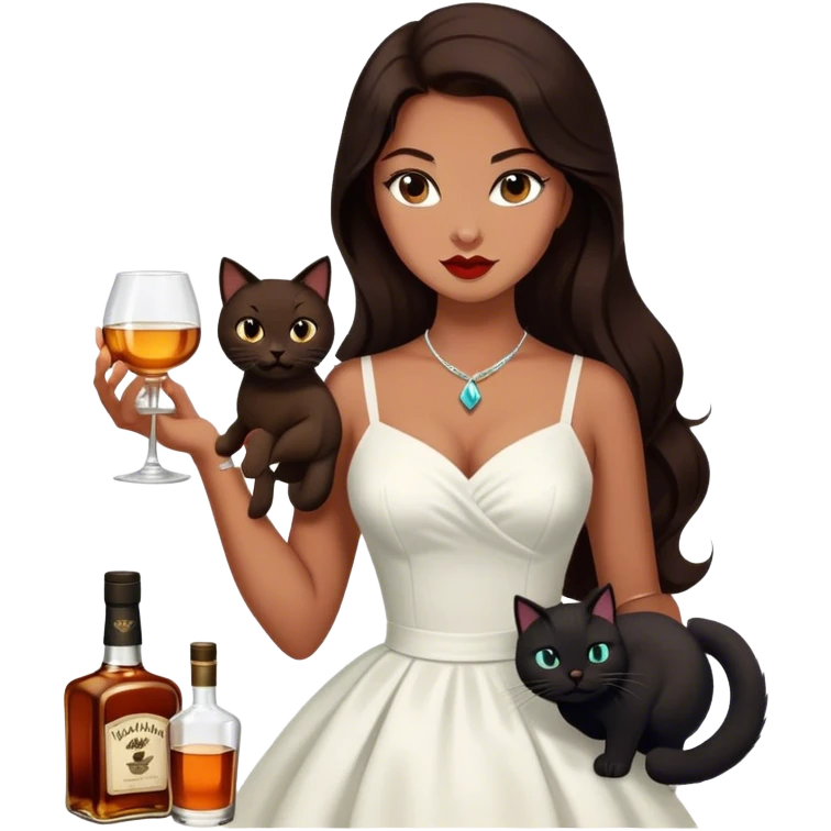 Beautiful woman in 1950’s woman fashion look, white dress, long dark brown hair, whisky with ice, black cat emoji