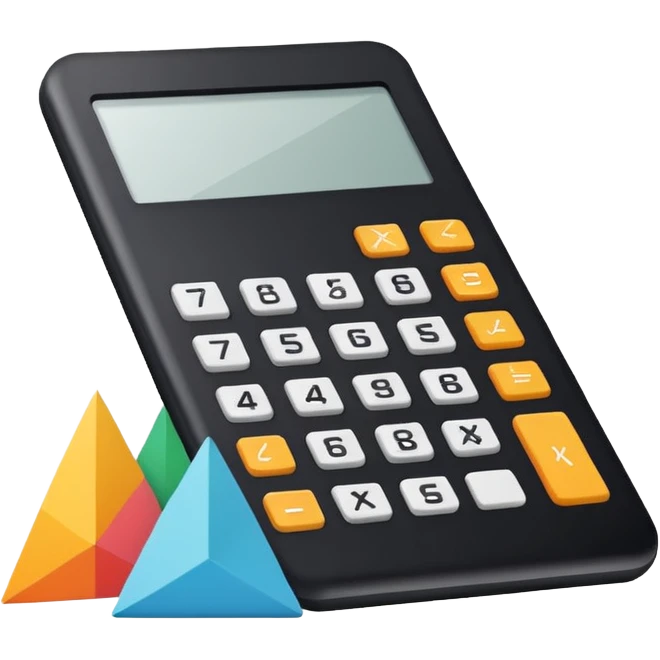 Minimalistic flat vector icon, iOS style, thin black contour on white background. Calculator and geometric shapes (triangle, circle). No text, no shadows. emoji