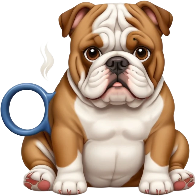 English bulldog sitting patiently with a cup of coffee emoji