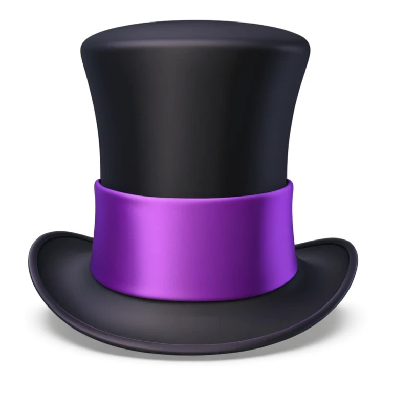 3D apple-style emoji of a tall vintage black top hat with a wide brim and a bright purple ribbon, smooth slightly glossy surface, simplified shapes, cartoon-like look, soft shadows, white background emoji