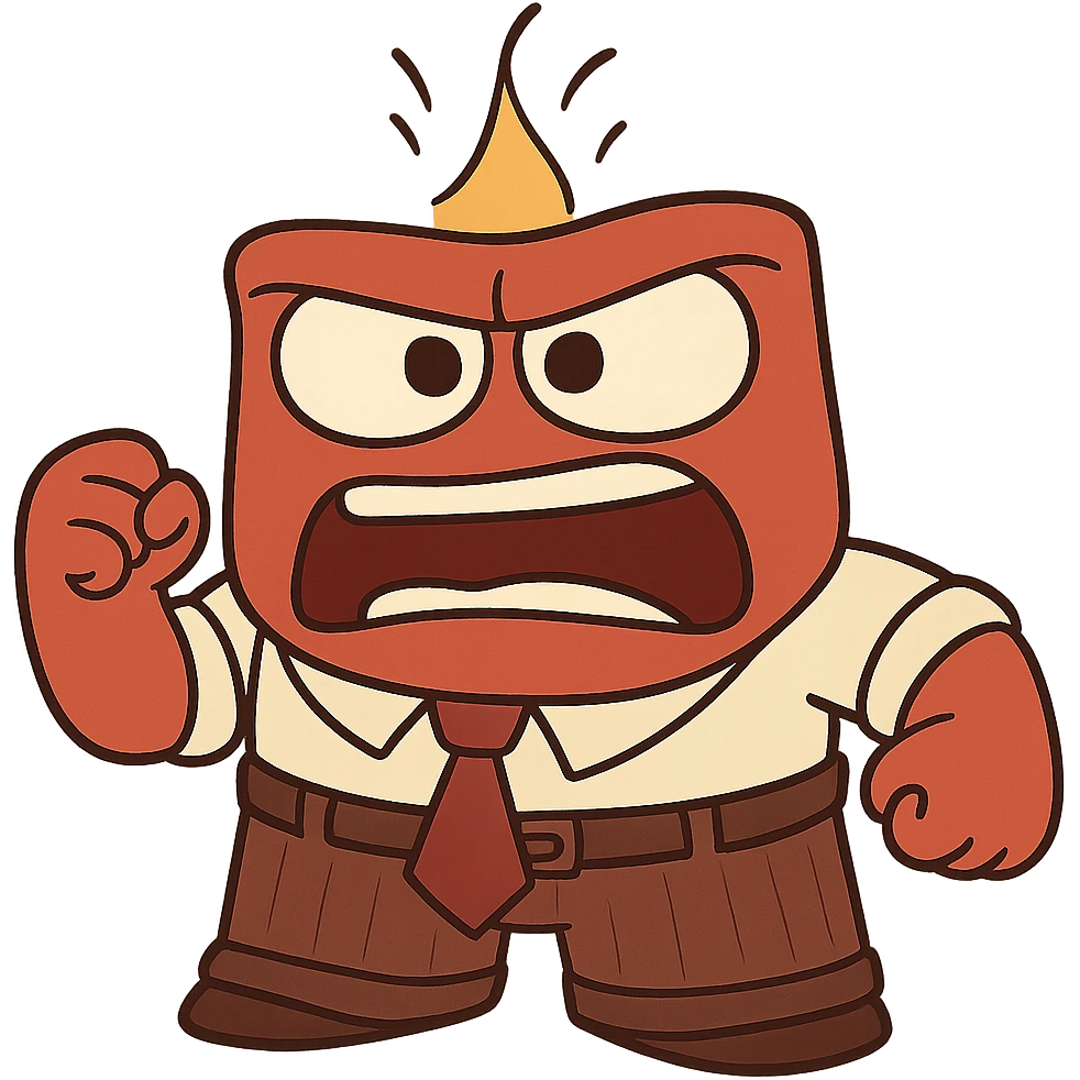Anger character from Inside Out, red, square-shaped, wearing a tie, expressive face, cartoon style emoji