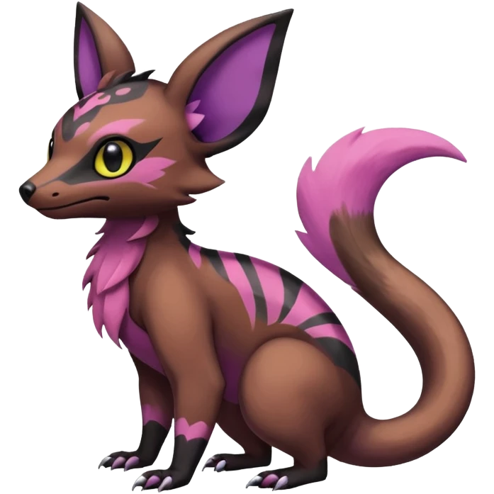 Rare epic aesthetic colorful Salandit-Noibat-Eevee-Civet-species-Fakemon-hybrid-creature, with markings, full body emoji